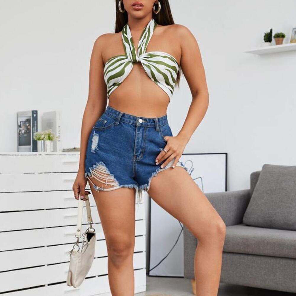 Shein Lime Green + White Wrap Front Swirly Zebra Y2k Wrap Top Crop Top
